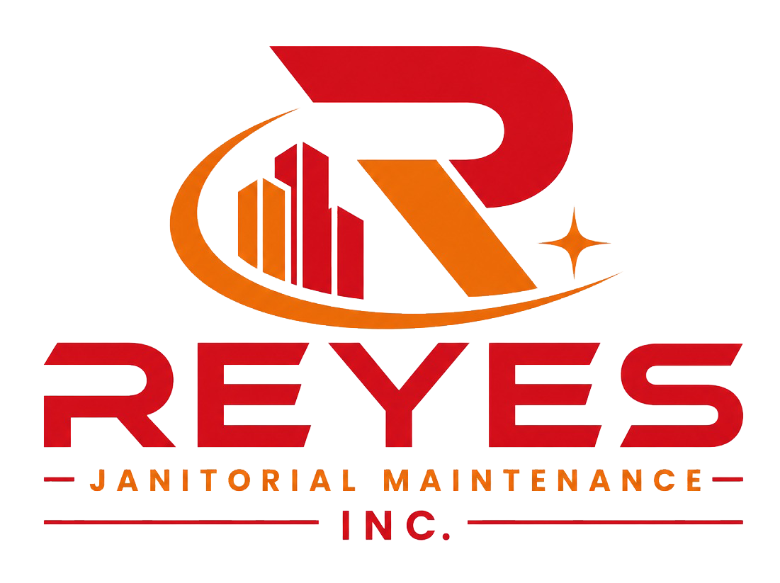 Logo for “Reyes Janitorial Maintenance Inc.” featuring a large stylized “R,” building silhouettes, a sparkle icon, and bold red-orange text.